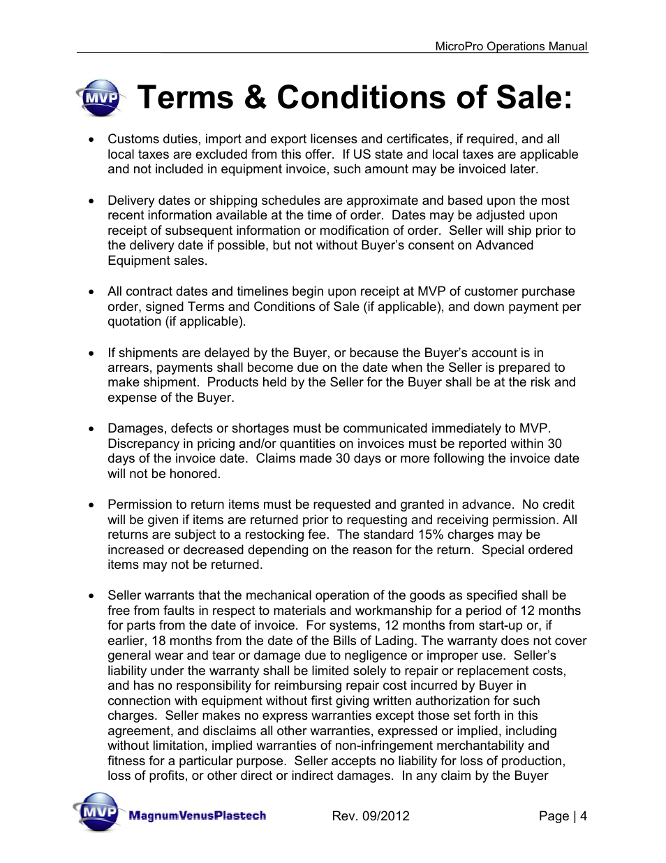 Terms & conditions of sale | Magnum Venus Plastech MicroPro User Manual | Page 4 / 53