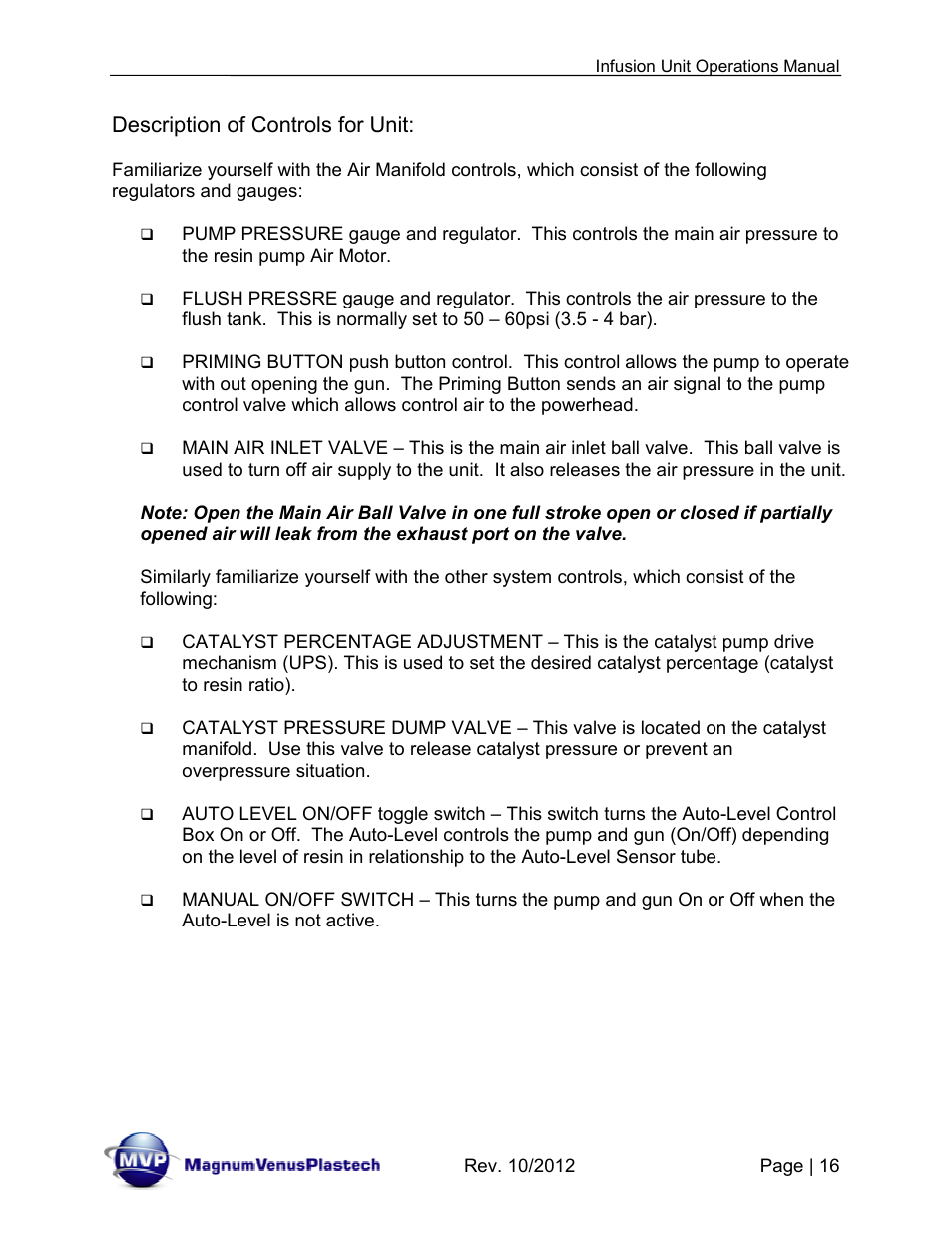 Description of controls for unit | Magnum Venus Plastech Infusion Unit DHV-5100-INT User Manual | Page 16 / 48