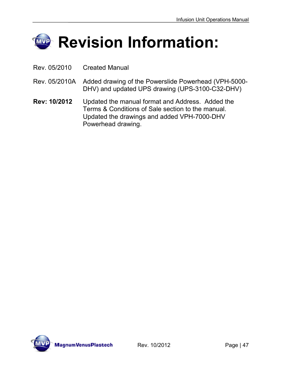 Revision information | Magnum Venus Plastech Infusion Unit DHV-5100-INT User Manual | Page 47 / 48