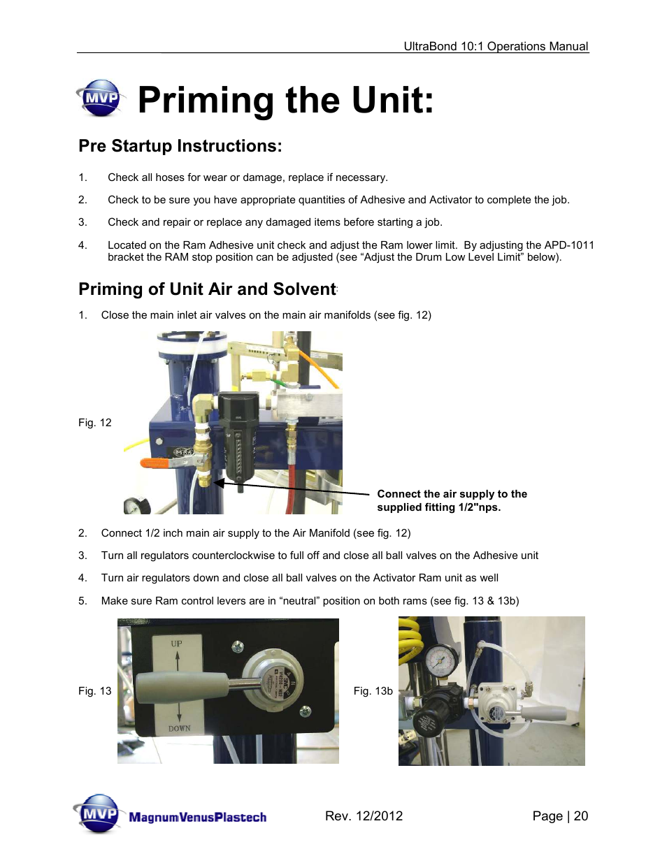 Priming the unit, Pre startup instructions, Priming of unit air and solvent | Magnum Venus Plastech ULTRABOND 10:1 ADHESIVE UNIT User Manual | Page 20 / 71