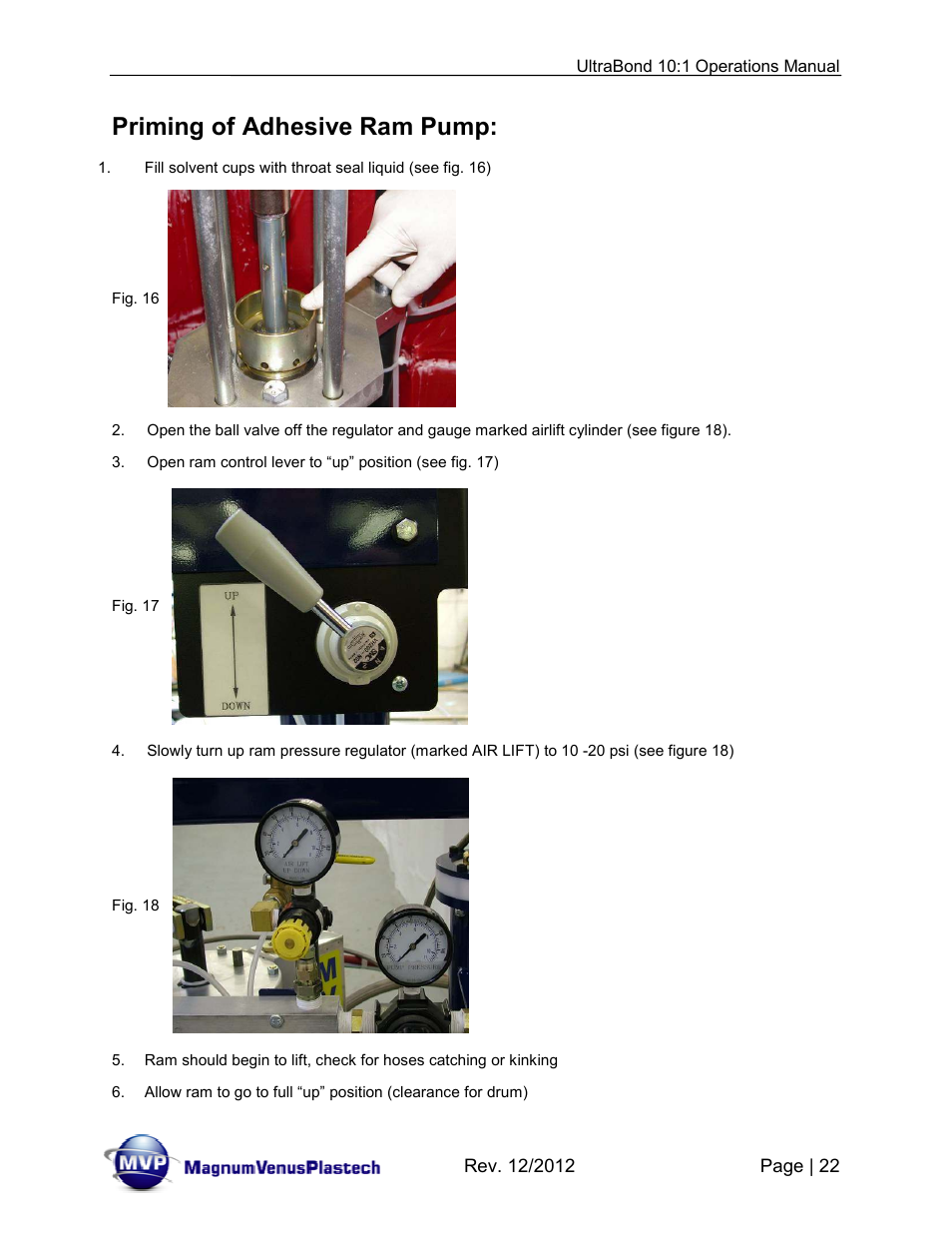 Priming of adhesive ram pump | Magnum Venus Plastech ULTRABOND 10:1 ADHESIVE UNIT User Manual | Page 22 / 71