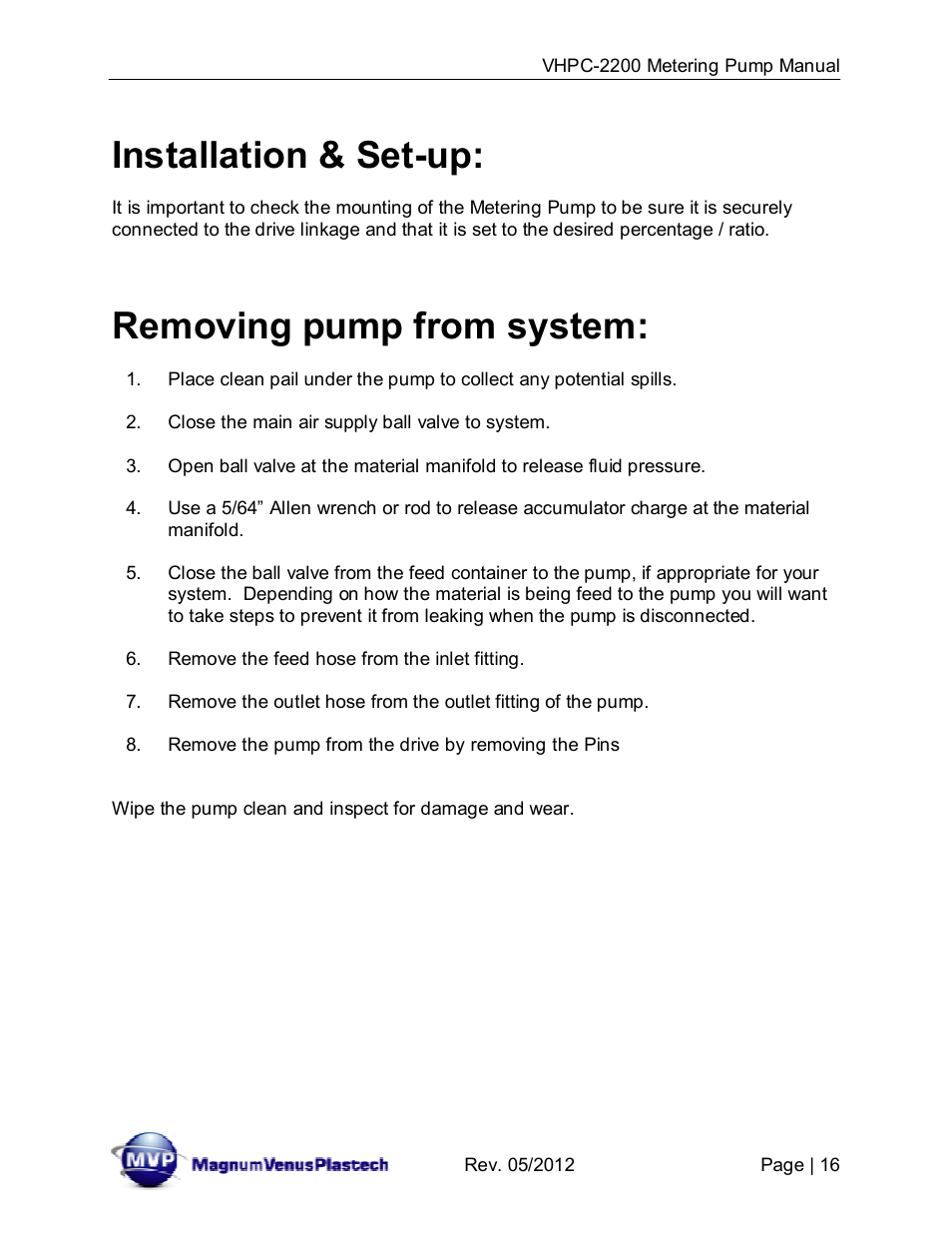 Installation & set-up, Removing pump from system | Magnum Venus Plastech VHPC-2200 Series User Manual | Page 16 / 34