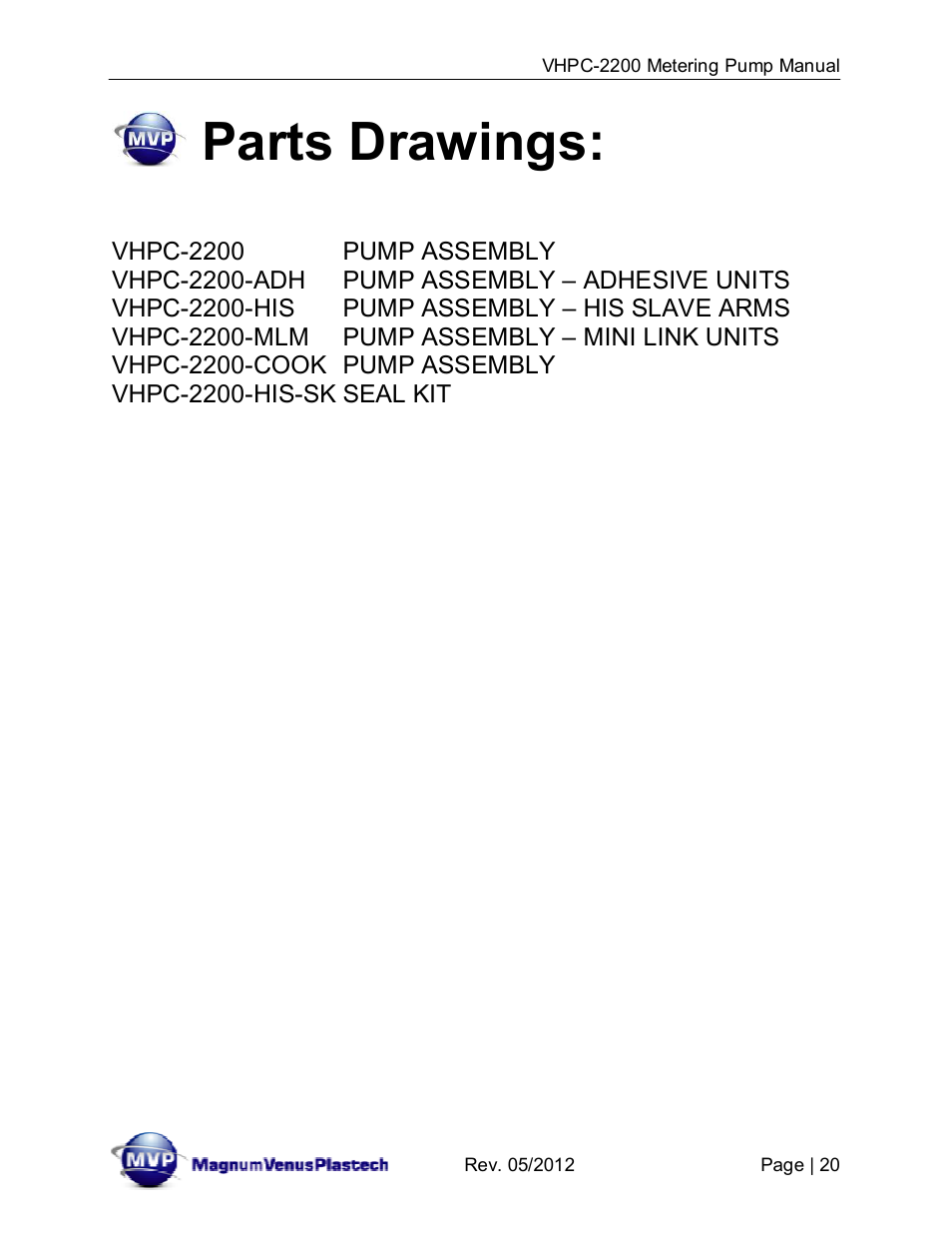 Parts drawings | Magnum Venus Plastech VHPC-2200 Series User Manual | Page 20 / 34