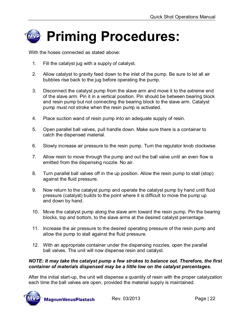 Priming procedures | Magnum Venus Plastech Quick Shot User Manual | Page 22 / 42