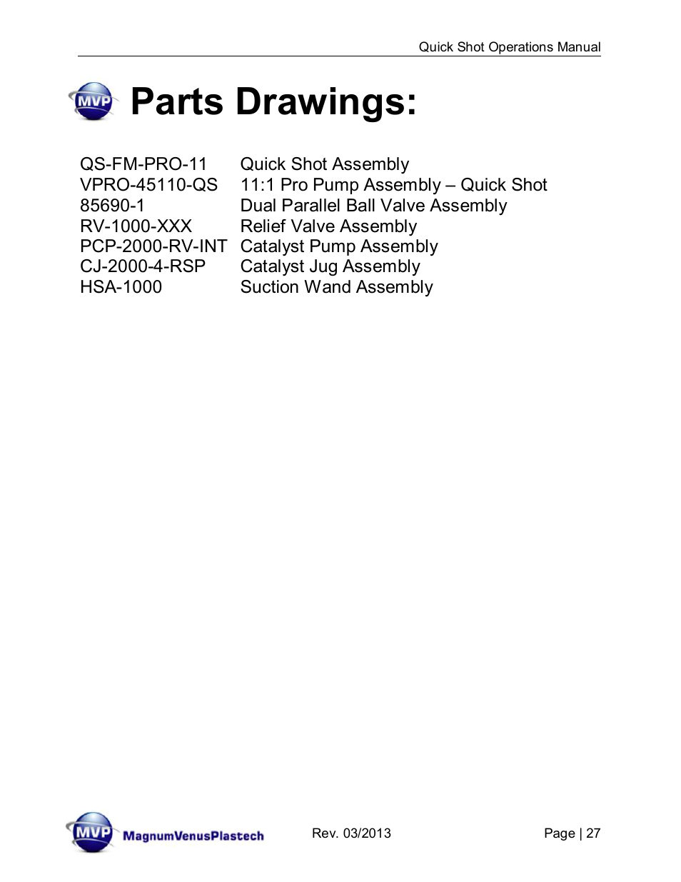 Parts drawings | Magnum Venus Plastech Quick Shot User Manual | Page 27 / 42