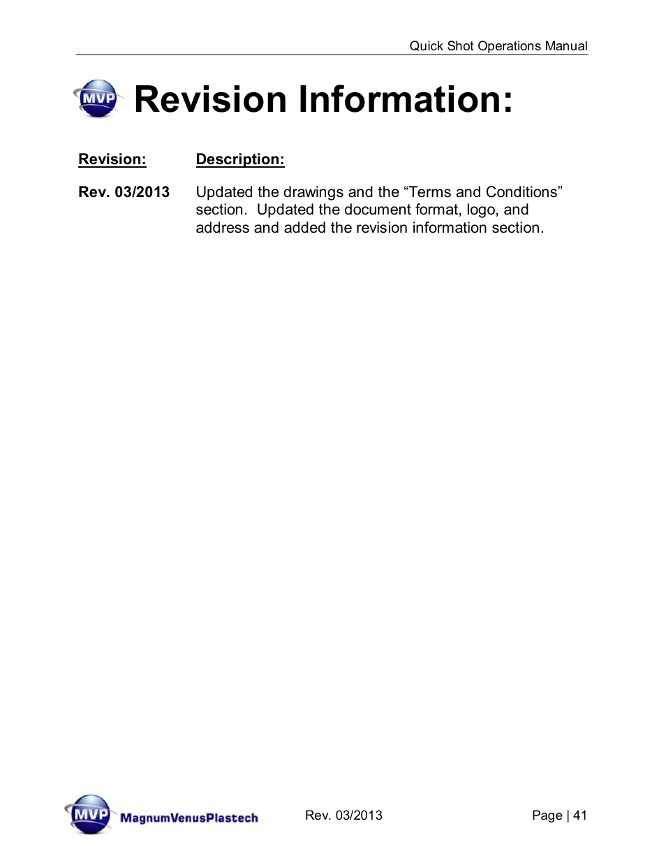 Revision information | Magnum Venus Plastech Quick Shot User Manual | Page 41 / 42