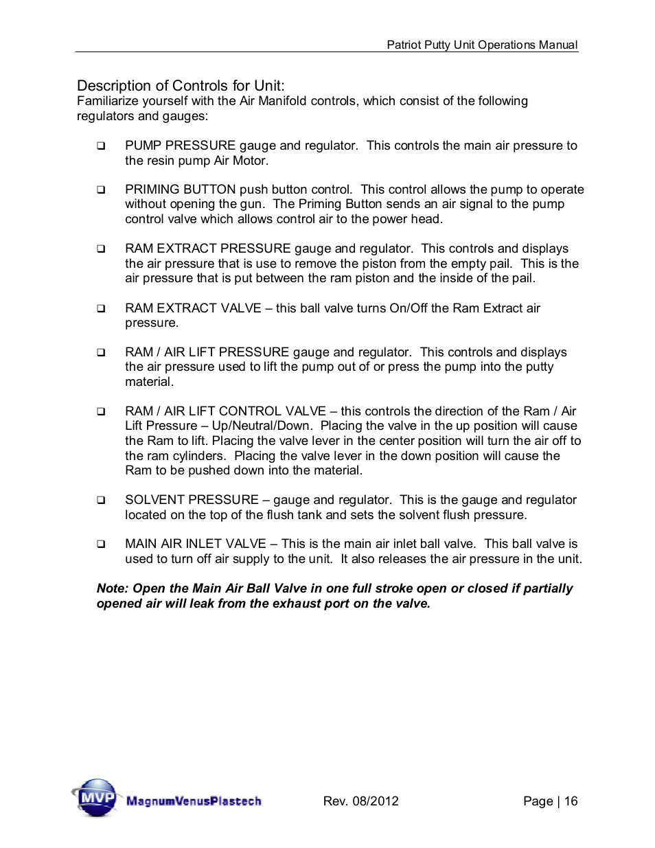 Description of controls for unit | Magnum Venus Plastech PATRIOT CHOP CHECK IMP-PAT-CCP-MP-5 User Manual | Page 16 / 57