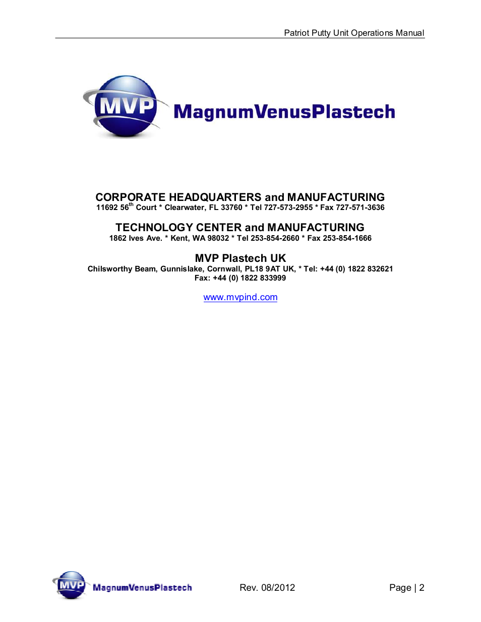 Corporate headquarters and manufacturing, Technology center and manufacturing, Mvp plastech uk | Magnum Venus Plastech PATRIOT CHOP CHECK IMP-PAT-CCP-MP-5 User Manual | Page 2 / 57