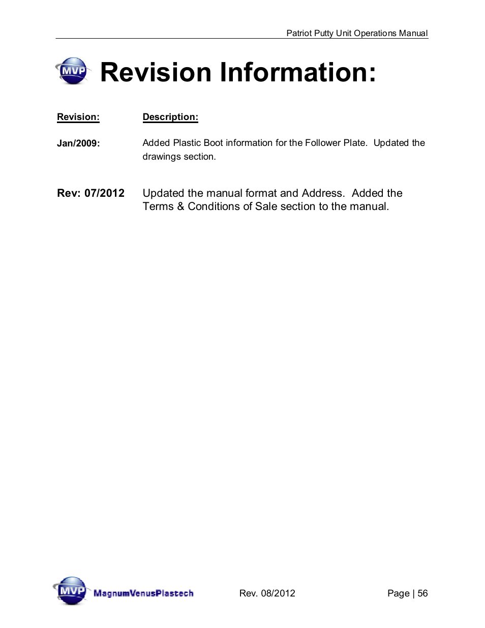 Revision information | Magnum Venus Plastech PATRIOT CHOP CHECK IMP-PAT-CCP-MP-5 User Manual | Page 56 / 57