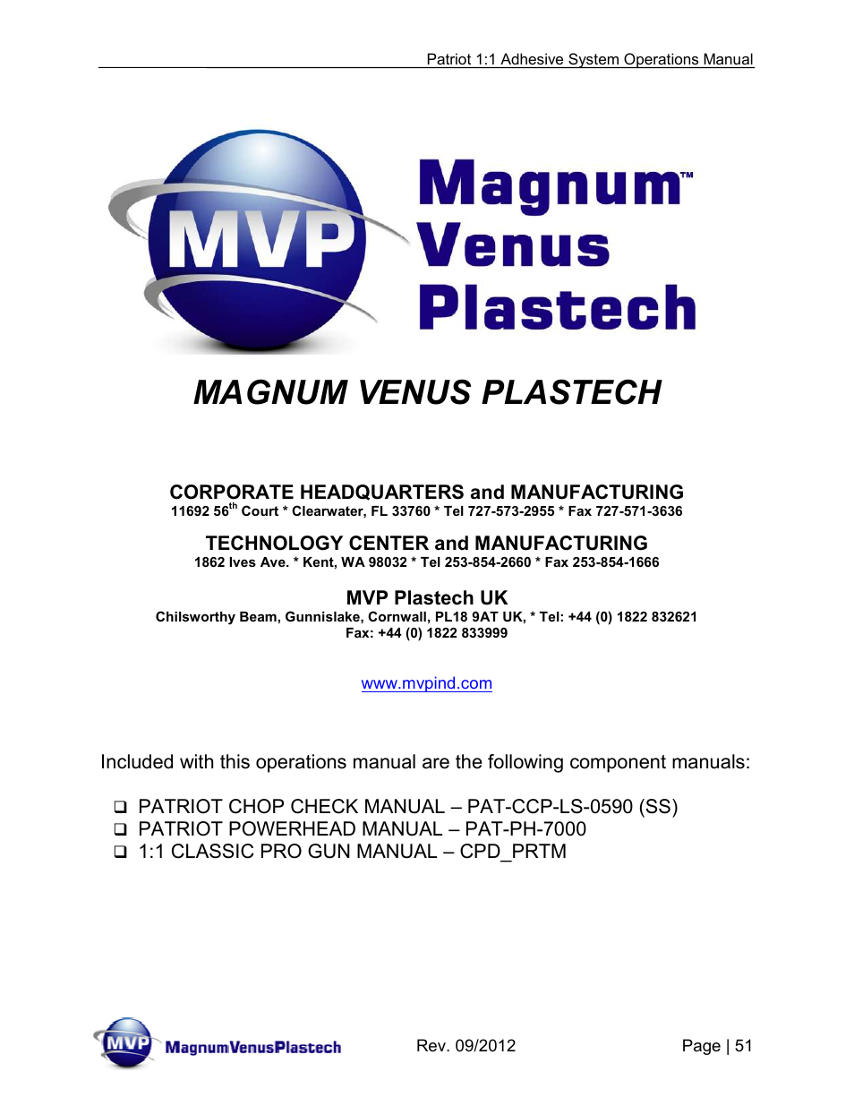 Magnum venus plastech | Magnum Venus Plastech PATRIOT 1:1 ADHESIVE SYSTEM User Manual | Page 51 / 51