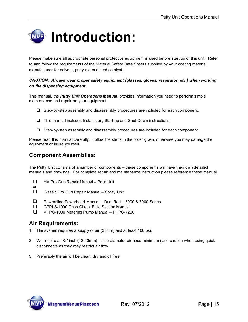 Introduction, Component assemblies, Air requirements | Magnum Venus Plastech PUTTY UNIT User Manual | Page 15 / 48