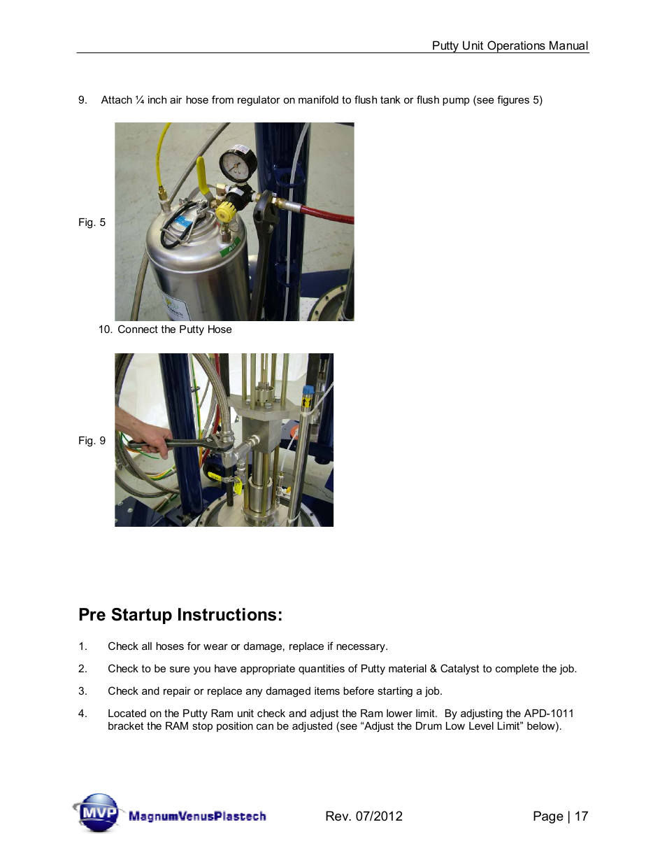 Pre startup instructions | Magnum Venus Plastech PUTTY UNIT User Manual | Page 17 / 48