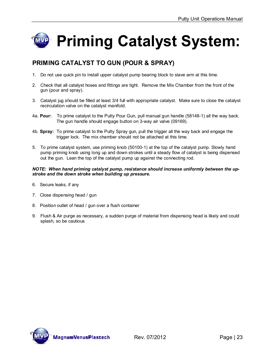 Priming catalyst system, Priming catalyst to gun (pour & spray) | Magnum Venus Plastech PUTTY UNIT User Manual | Page 23 / 48