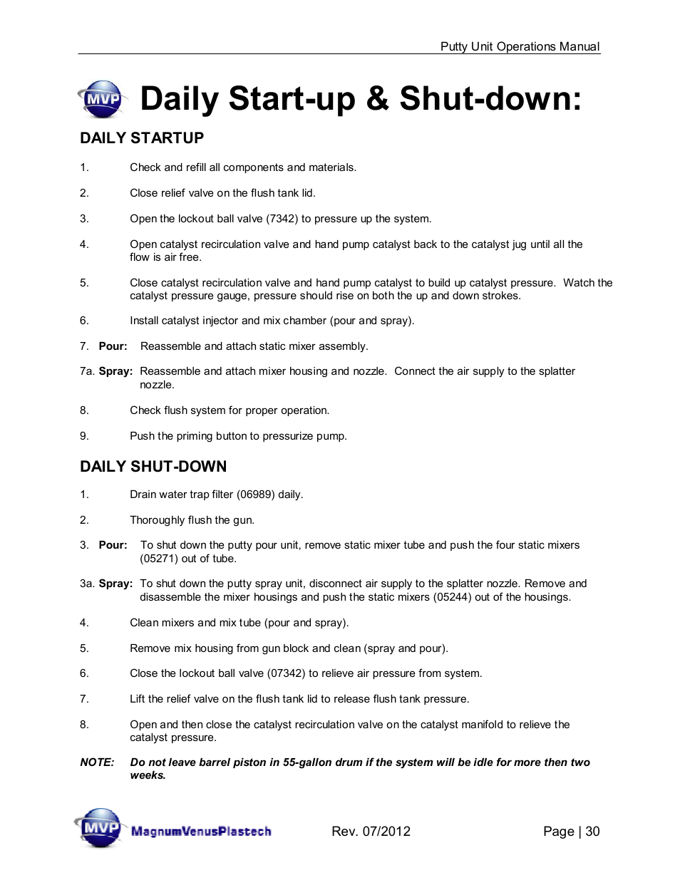 Daily start-up & shut-down, Daily startup, Daily shut-down | Magnum Venus Plastech PUTTY UNIT User Manual | Page 30 / 48