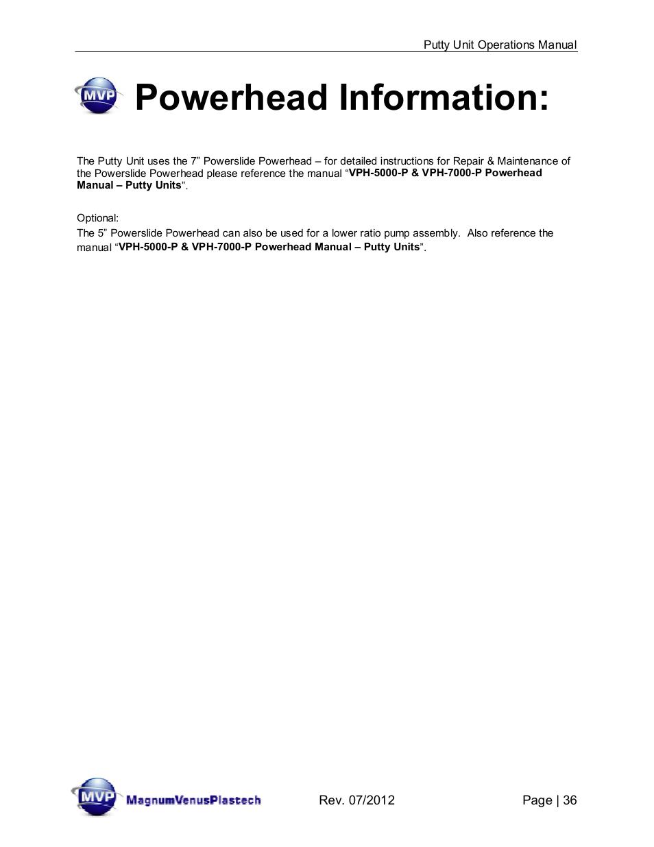 Powerhead information | Magnum Venus Plastech PUTTY UNIT User Manual | Page 36 / 48