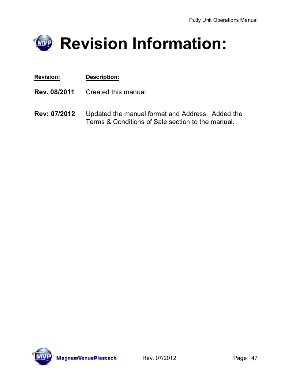 Revision information | Magnum Venus Plastech PUTTY UNIT User Manual | Page 47 / 48