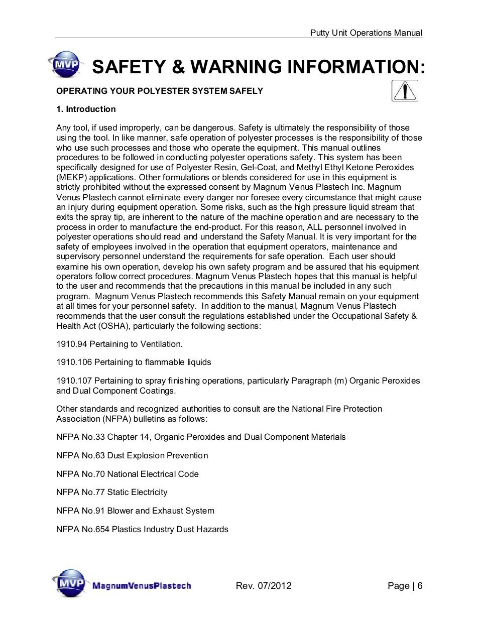 Safety & warning information | Magnum Venus Plastech PUTTY UNIT User Manual | Page 6 / 48