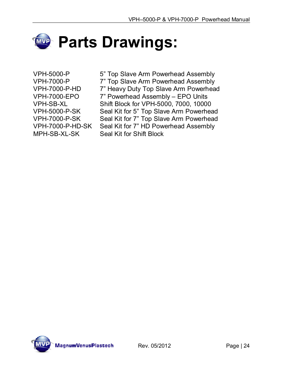 Parts drawings | Magnum Venus Plastech Powerhead VPH-7000-P User Manual | Page 24 / 41