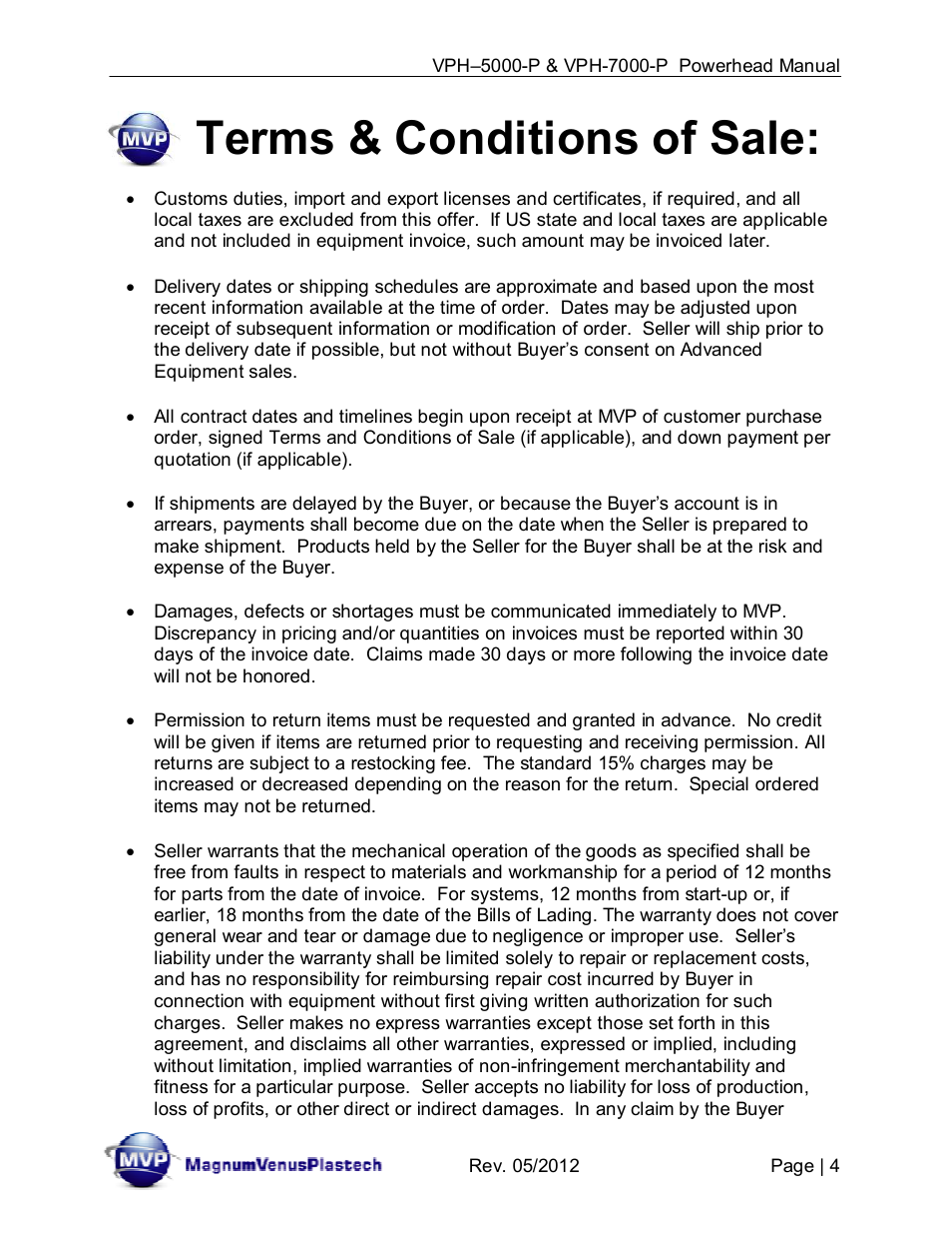 Terms & conditions of sale | Magnum Venus Plastech Powerhead VPH-7000-P User Manual | Page 4 / 41