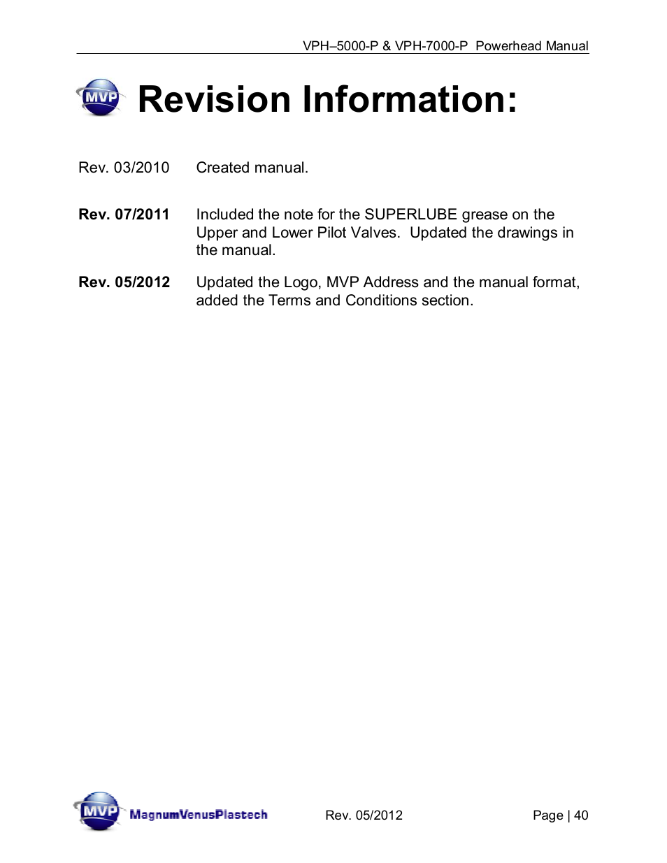 Revision information | Magnum Venus Plastech Powerhead VPH-7000-P User Manual | Page 40 / 41