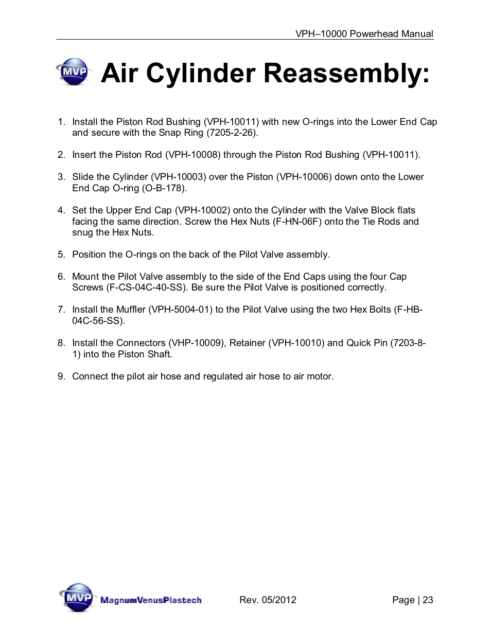 Air cylinder reassembly | Magnum Venus Plastech Powerhead VPH-10000 User Manual | Page 23 / 26