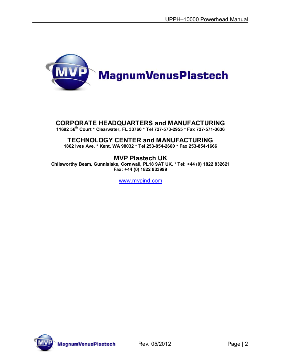 Corporate headquarters and manufacturing, Technology center and manufacturing, Mvp plastech uk | Magnum Venus Plastech Powerhead UPPH-10000 User Manual | Page 2 / 33