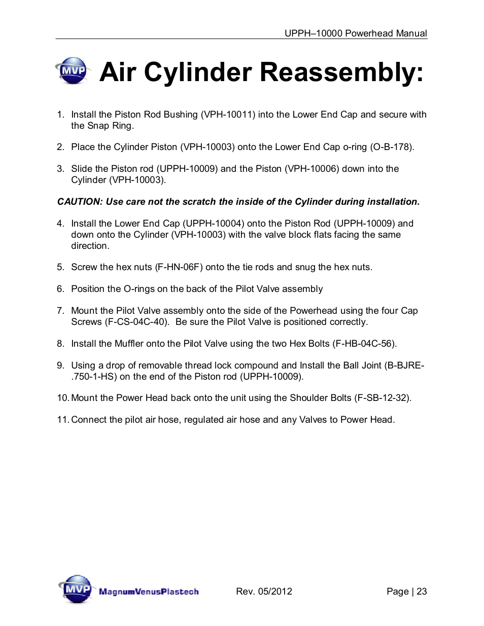 Air cylinder reassembly | Magnum Venus Plastech Powerhead UPPH-10000 User Manual | Page 23 / 33
