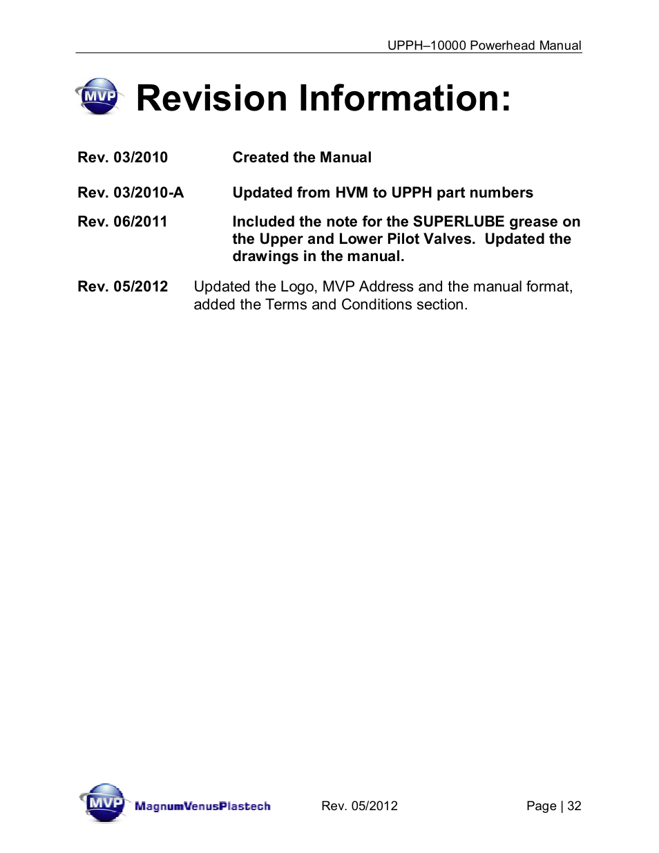 Revision information | Magnum Venus Plastech Powerhead UPPH-10000 User Manual | Page 32 / 33