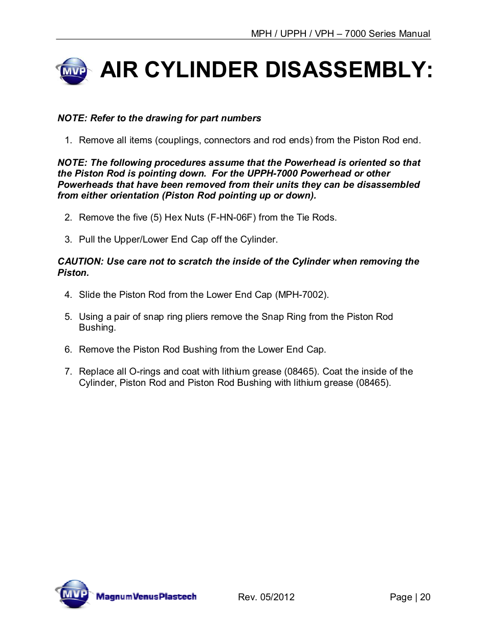 Air cylinder disassembly | Magnum Venus Plastech Powerhead MPH_UPPH_VPH–7000 Series User Manual | Page 20 / 49