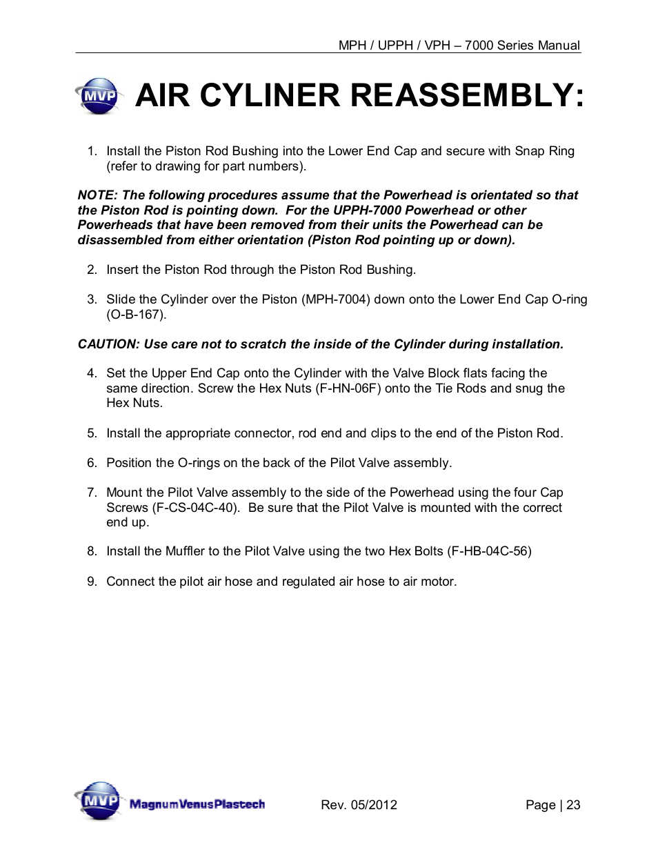 Air cyliner reassembly | Magnum Venus Plastech Powerhead MPH_UPPH_VPH–7000 Series User Manual | Page 23 / 49