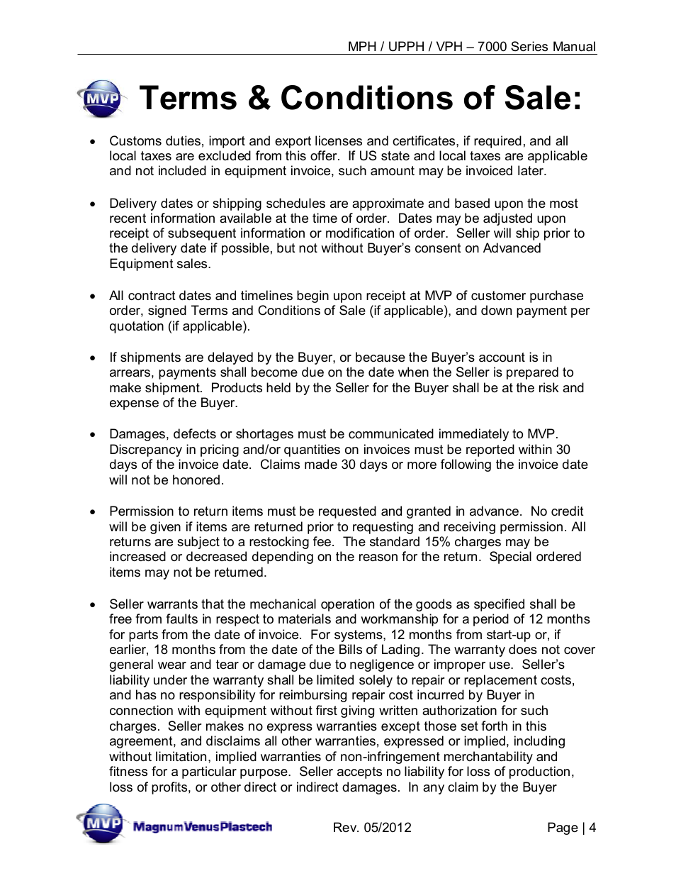 Terms & conditions of sale | Magnum Venus Plastech Powerhead MPH_UPPH_VPH–7000 Series User Manual | Page 4 / 49