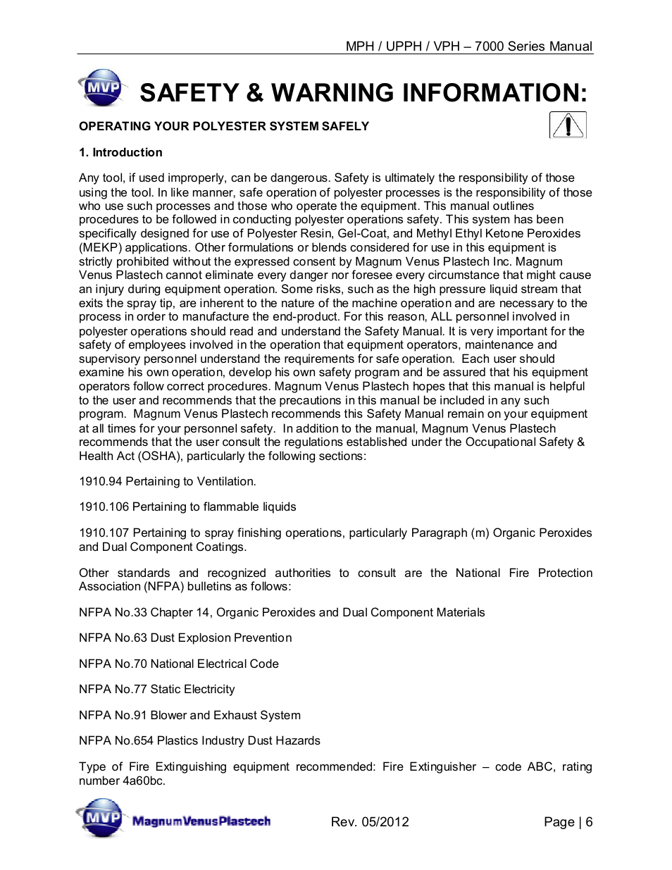 Safety & warning information | Magnum Venus Plastech Powerhead MPH_UPPH_VPH–7000 Series User Manual | Page 6 / 49