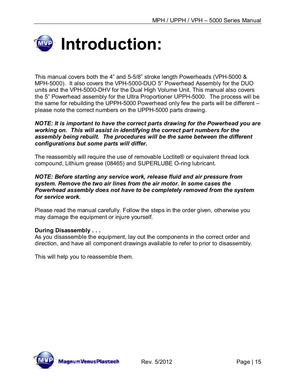 Introduction | Magnum Venus Plastech Powerhead MPH_UPPH_VPH–5000 Series User Manual | Page 15 / 43