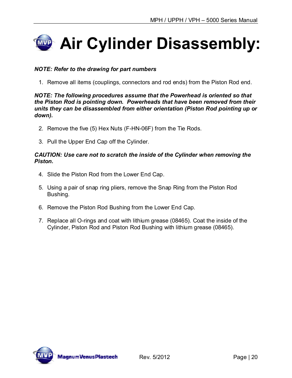 Air cylinder disassembly | Magnum Venus Plastech Powerhead MPH_UPPH_VPH–5000 Series User Manual | Page 20 / 43