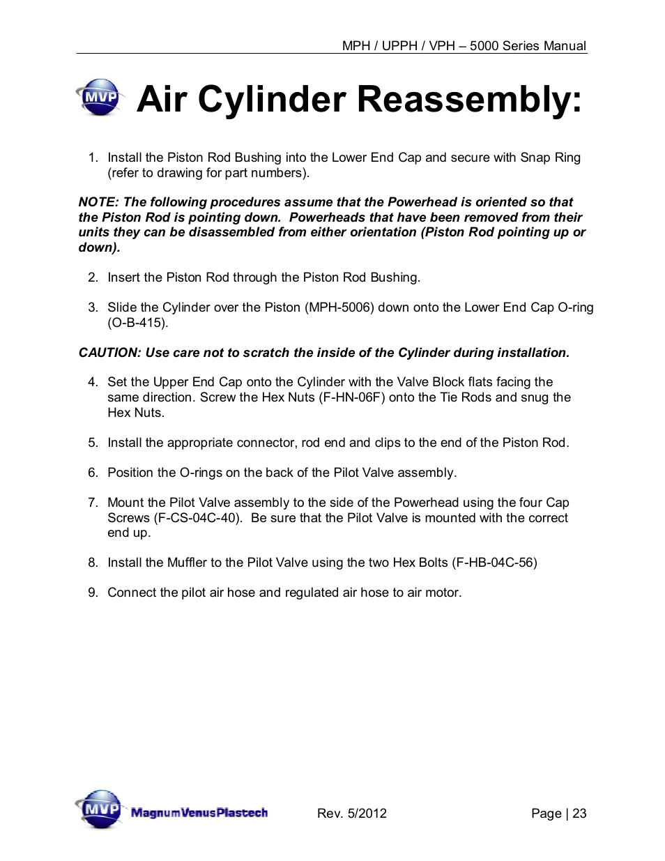 Air cylinder reassembly | Magnum Venus Plastech Powerhead MPH_UPPH_VPH–5000 Series User Manual | Page 23 / 43