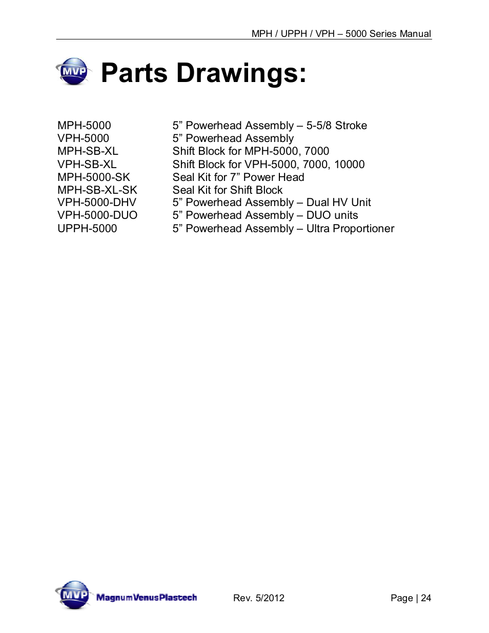 Parts drawings | Magnum Venus Plastech Powerhead MPH_UPPH_VPH–5000 Series User Manual | Page 24 / 43