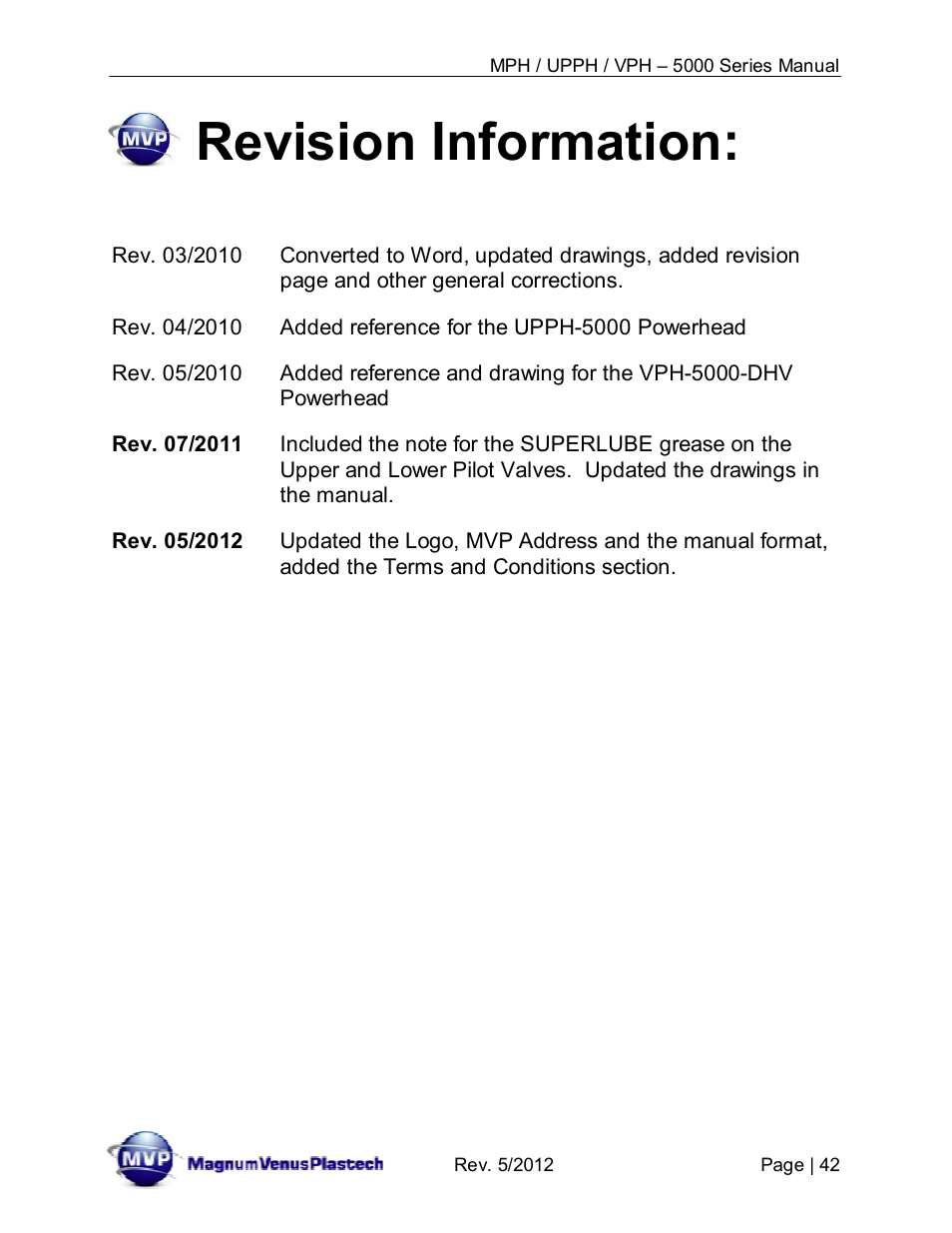 Revision information | Magnum Venus Plastech Powerhead MPH_UPPH_VPH–5000 Series User Manual | Page 42 / 43