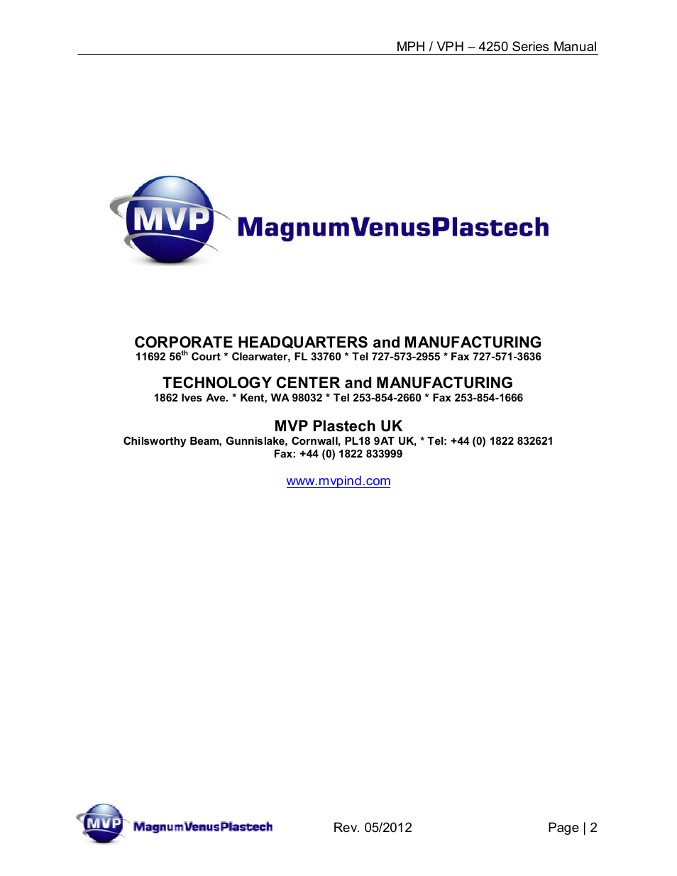 Corporate headquarters and manufacturing, Technology center and manufacturing, Mvp plastech uk | Magnum Venus Plastech Powerhead MPH_VPH–4250 Series User Manual | Page 2 / 38