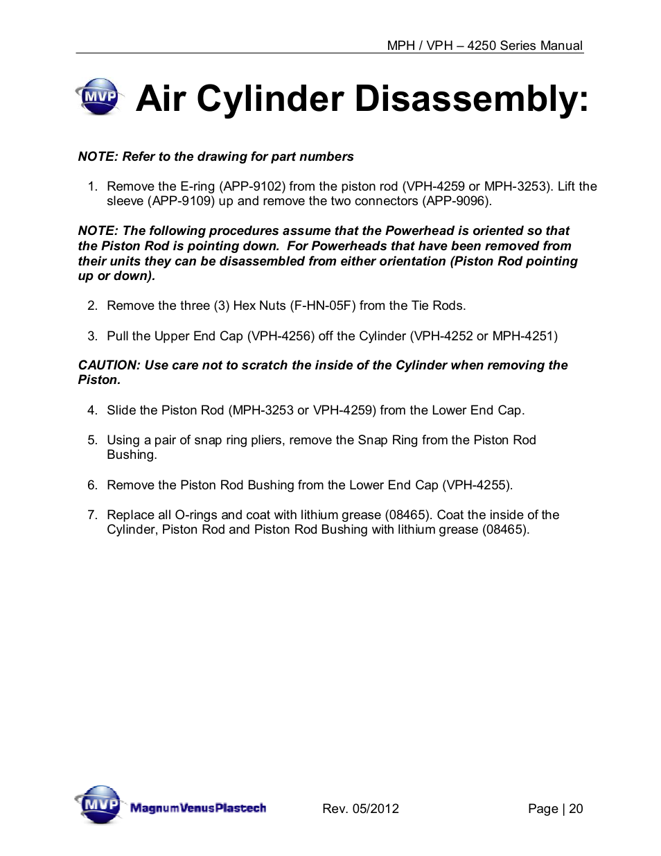 Air cylinder disassembly | Magnum Venus Plastech Powerhead MPH_VPH–4250 Series User Manual | Page 20 / 38