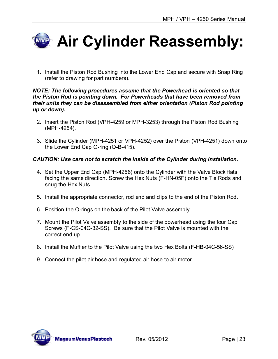 Air cylinder reassembly | Magnum Venus Plastech Powerhead MPH_VPH–4250 Series User Manual | Page 23 / 38