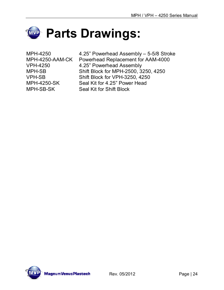 Parts drawings | Magnum Venus Plastech Powerhead MPH_VPH–4250 Series User Manual | Page 24 / 38