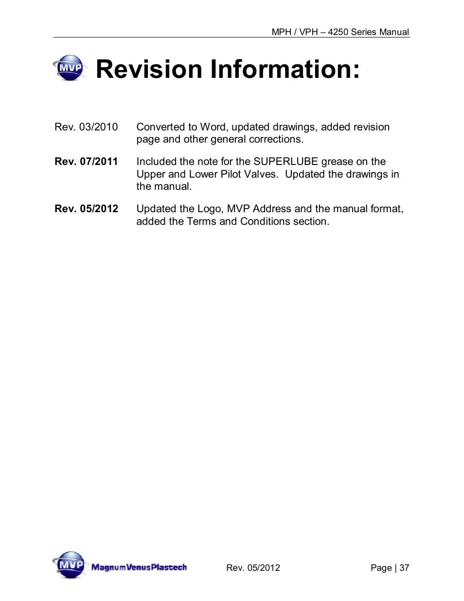 Revision information | Magnum Venus Plastech Powerhead MPH_VPH–4250 Series User Manual | Page 37 / 38