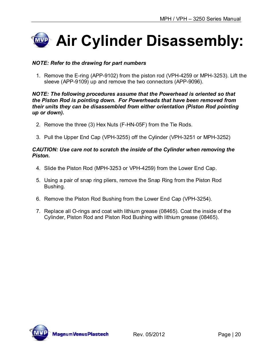 Air cylinder disassembly | Magnum Venus Plastech Powerhead MPH_VPH–3250 Series User Manual | Page 20 / 36