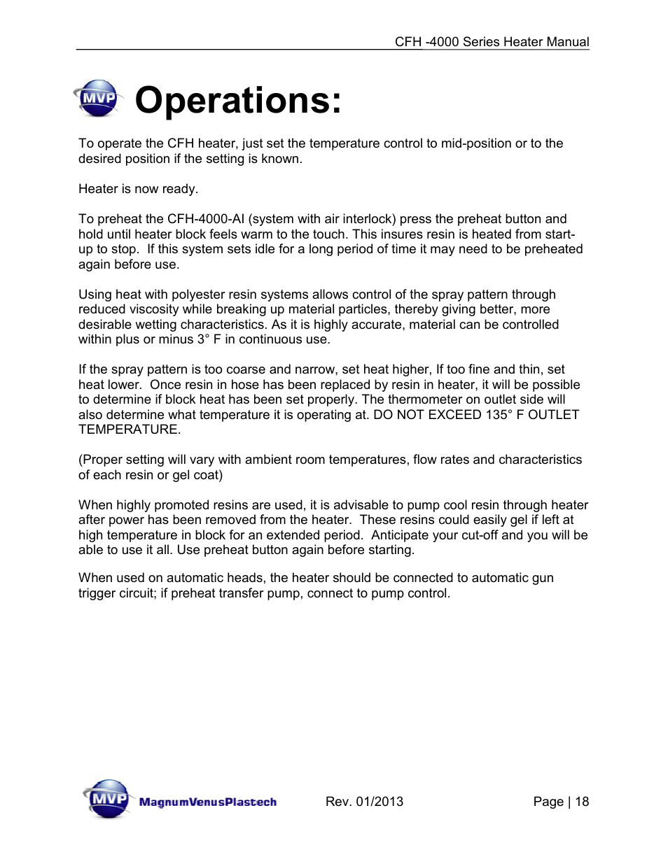 Operations | Magnum Venus Plastech CFH-4000 User Manual | Page 18 / 45