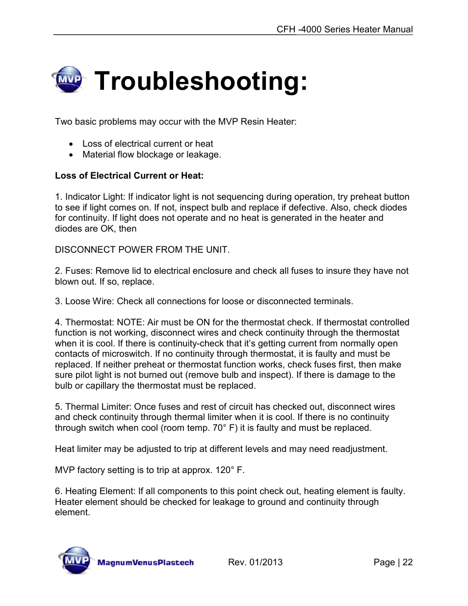 Troubleshooting | Magnum Venus Plastech CFH-4000 User Manual | Page 22 / 45
