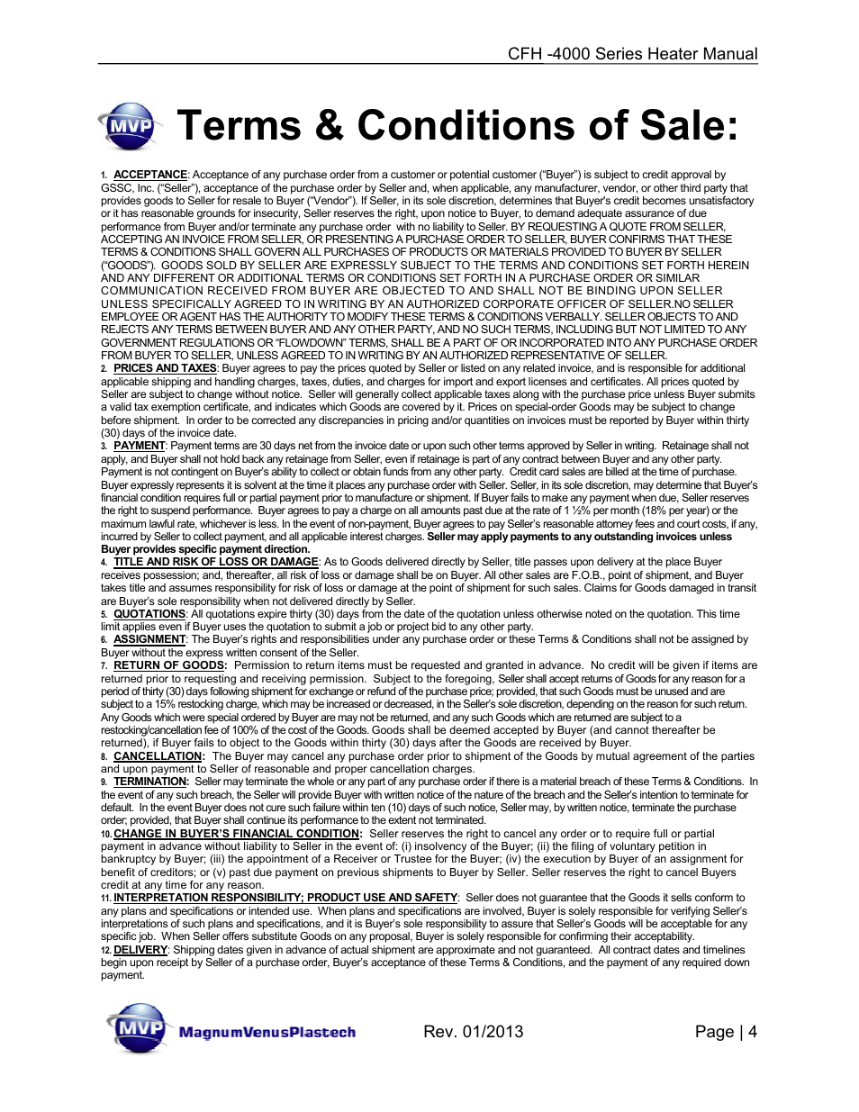 Terms & conditions of sale | Magnum Venus Plastech CFH-4000 User Manual | Page 4 / 45