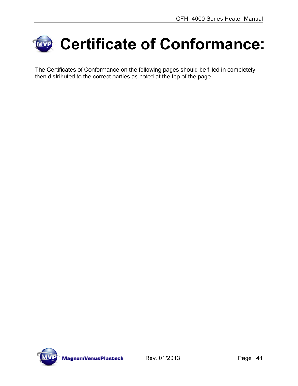 Certificate of conformance | Magnum Venus Plastech CFH-4000 User Manual | Page 41 / 45