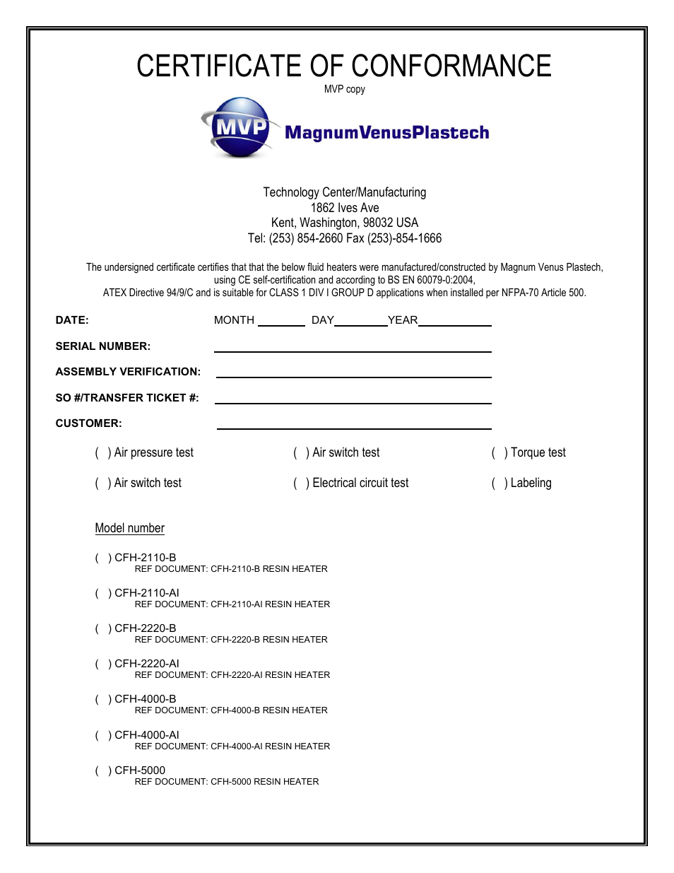 Certificate of conformance | Magnum Venus Plastech CFH-4000 User Manual | Page 45 / 45