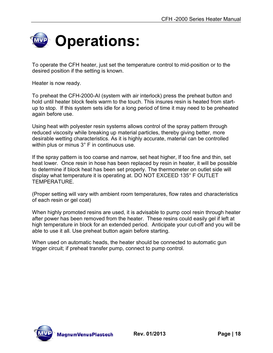 Operations | Magnum Venus Plastech CFH-2000 User Manual | Page 18 / 41