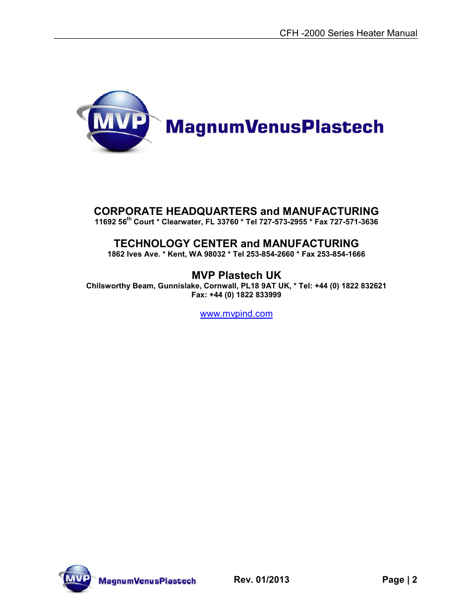 Corporate headquarters and manufacturing, Technology center and manufacturing, Mvp plastech uk | Magnum Venus Plastech CFH-2000 User Manual | Page 2 / 41